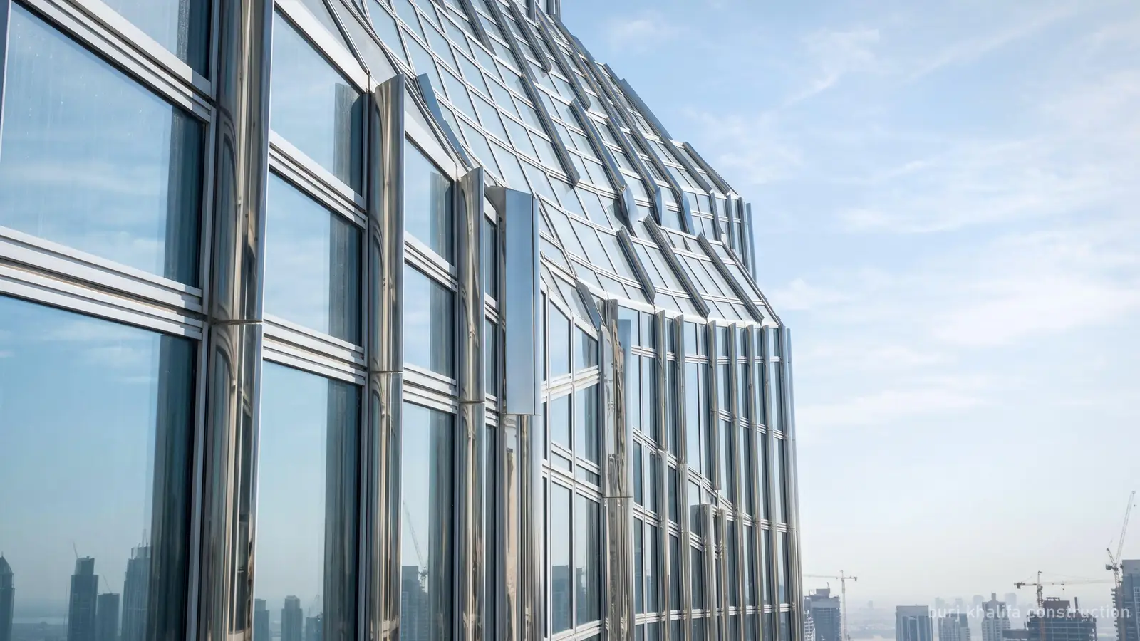 Close detail of the Burj Khalifa's glass and aluminium cladding panels and stainless steel fins (generated illustration)