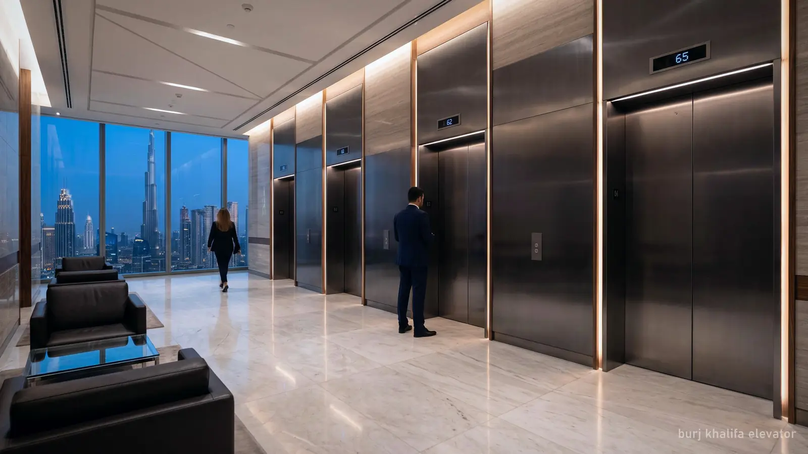 A sleek modern elevator lobby with brushed metal doors in a skyscraper, soft lighting (generated illustration)