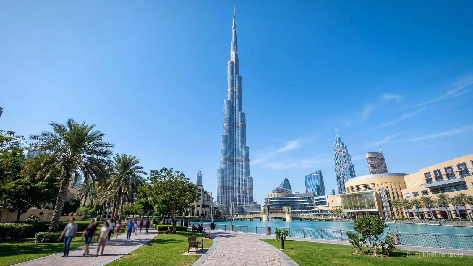 The full height of the Burj Khalifa from Burj Park, the whole tower in frame against a clear sky (generated illustration)