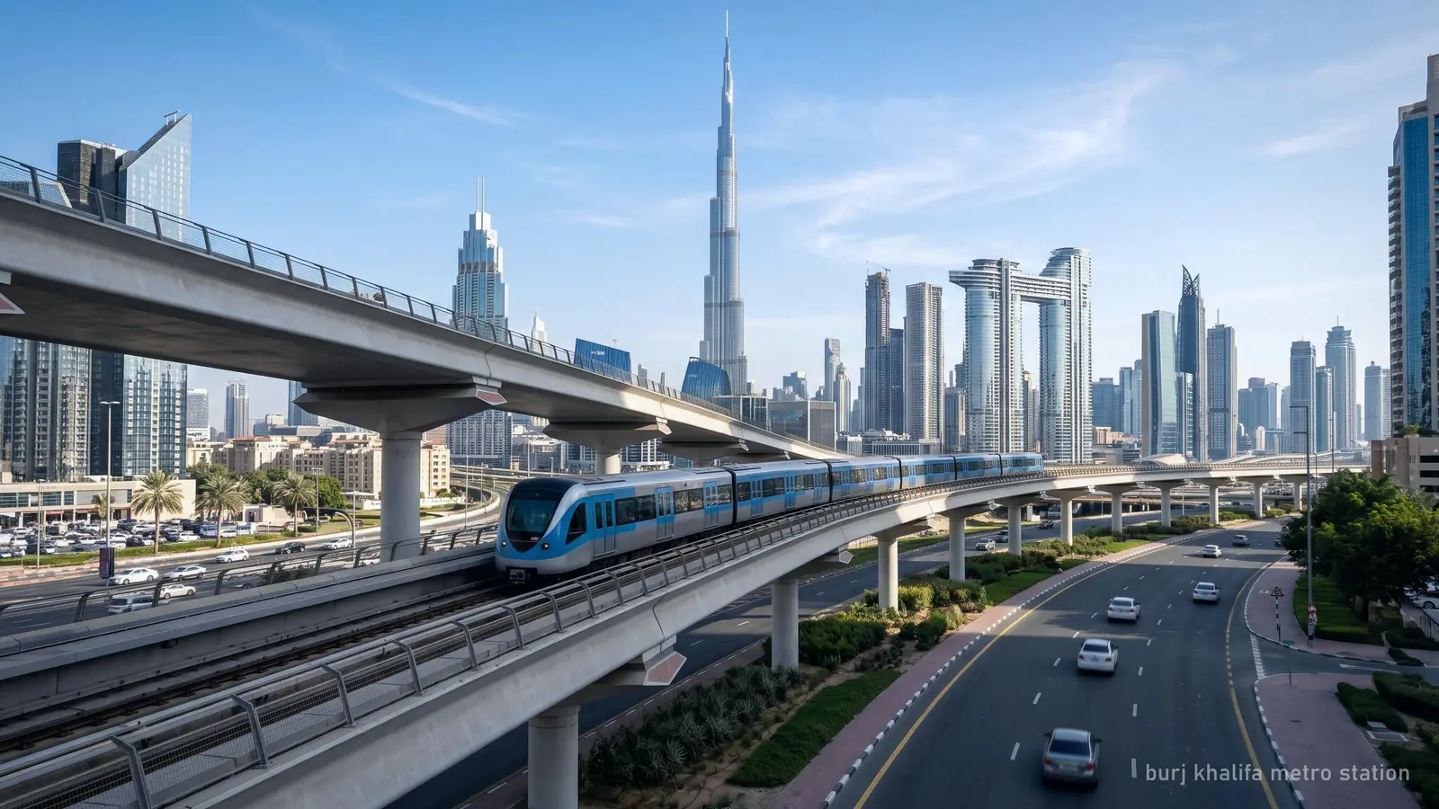 An elevated Dubai Metro train on its viaduct with the Burj Khalifa in the background (generated illustration)