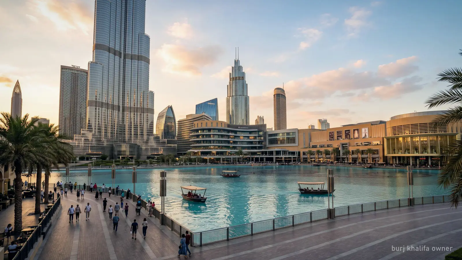 The Dubai Mall and the Burj Khalifa side by side across Burj Lake, late afternoon (generated illustration)
