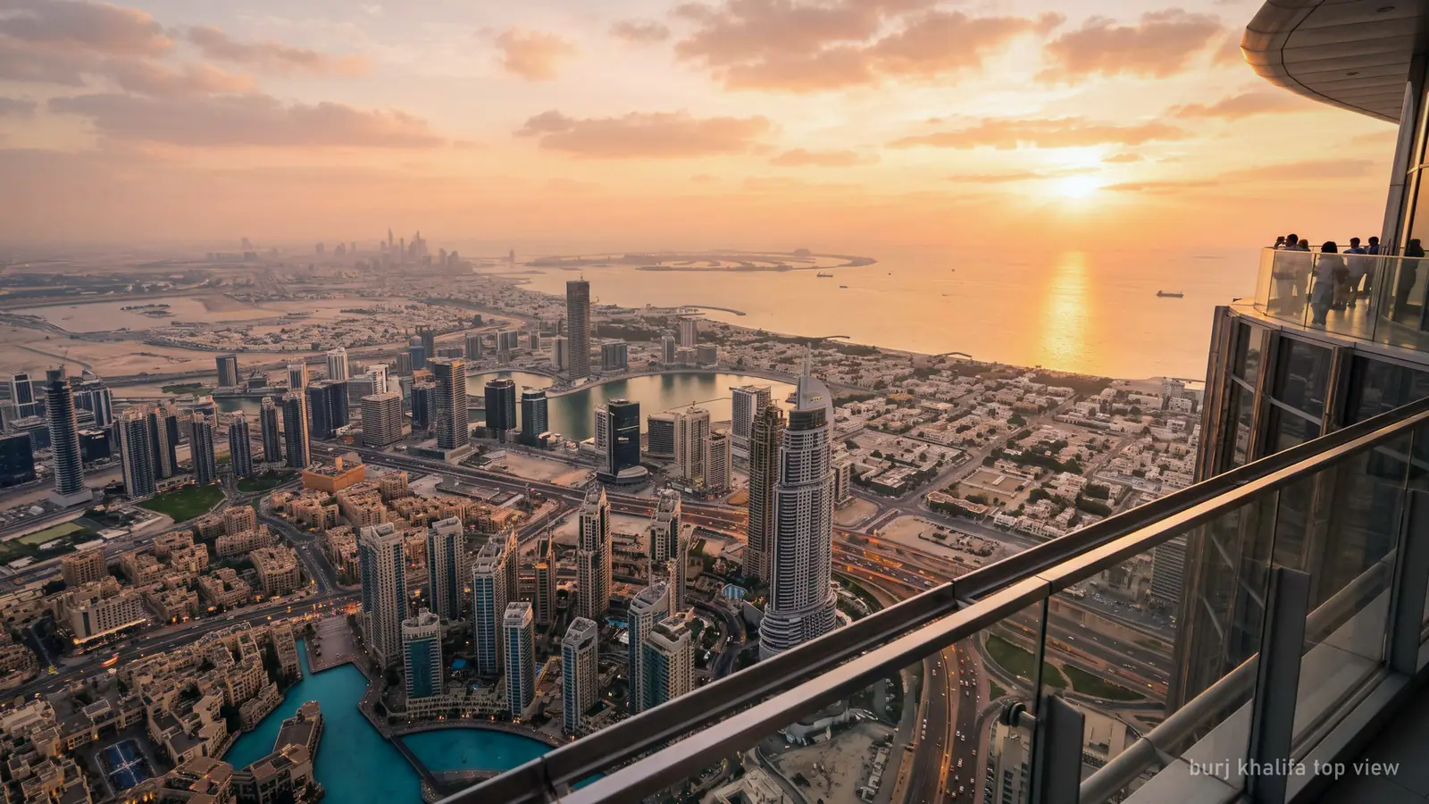 Panoramic view from the top of the Burj Khalifa over Dubai toward the Arabian Gulf at golden hour (generated illustration)