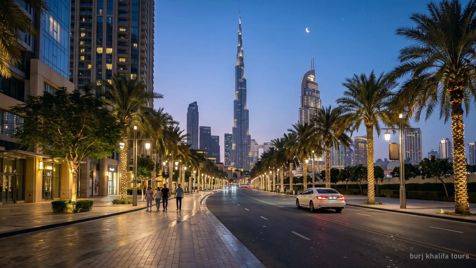 A quiet Downtown Dubai boulevard at dusk with the Burj Khalifa lit up at the end of the street (generated illustration)