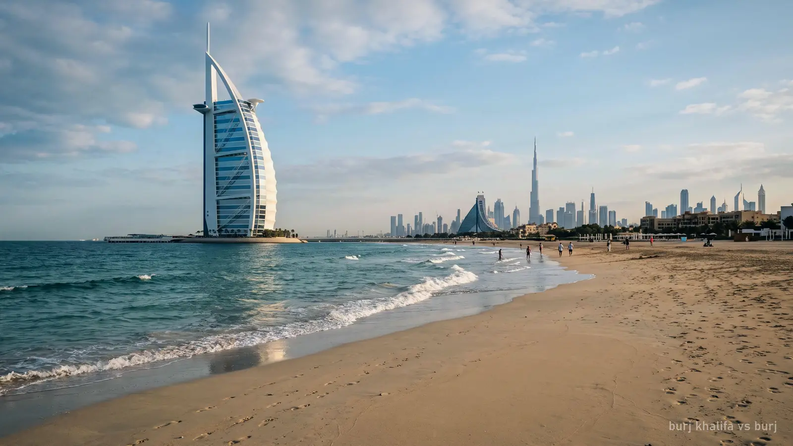 The Dubai skyline seen from Jumeirah beach, the sail-shaped Burj Al Arab hotel on the coast and the far-off Burj Khalifa on the horizon (generated illustration)