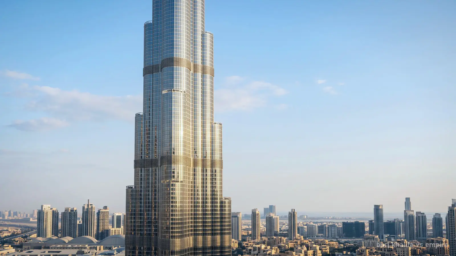 The Burj Khalifa's silver tiered setbacks catching the morning sun, telephoto view (generated illustration)