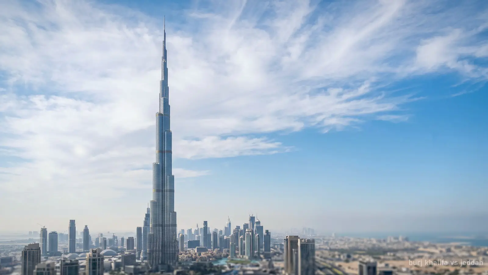 The Burj Khalifa's needle-like spire piercing high thin clouds, telephoto view (generated illustration)