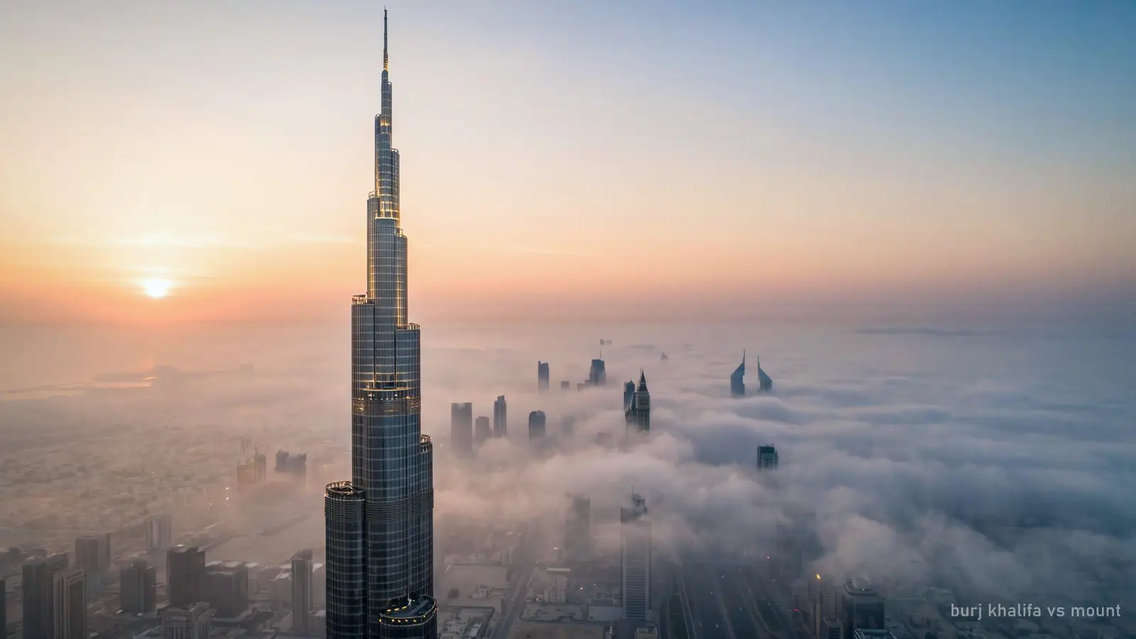 The Burj Khalifa's top floors and spire above a layer of morning haze over Dubai (generated illustration)