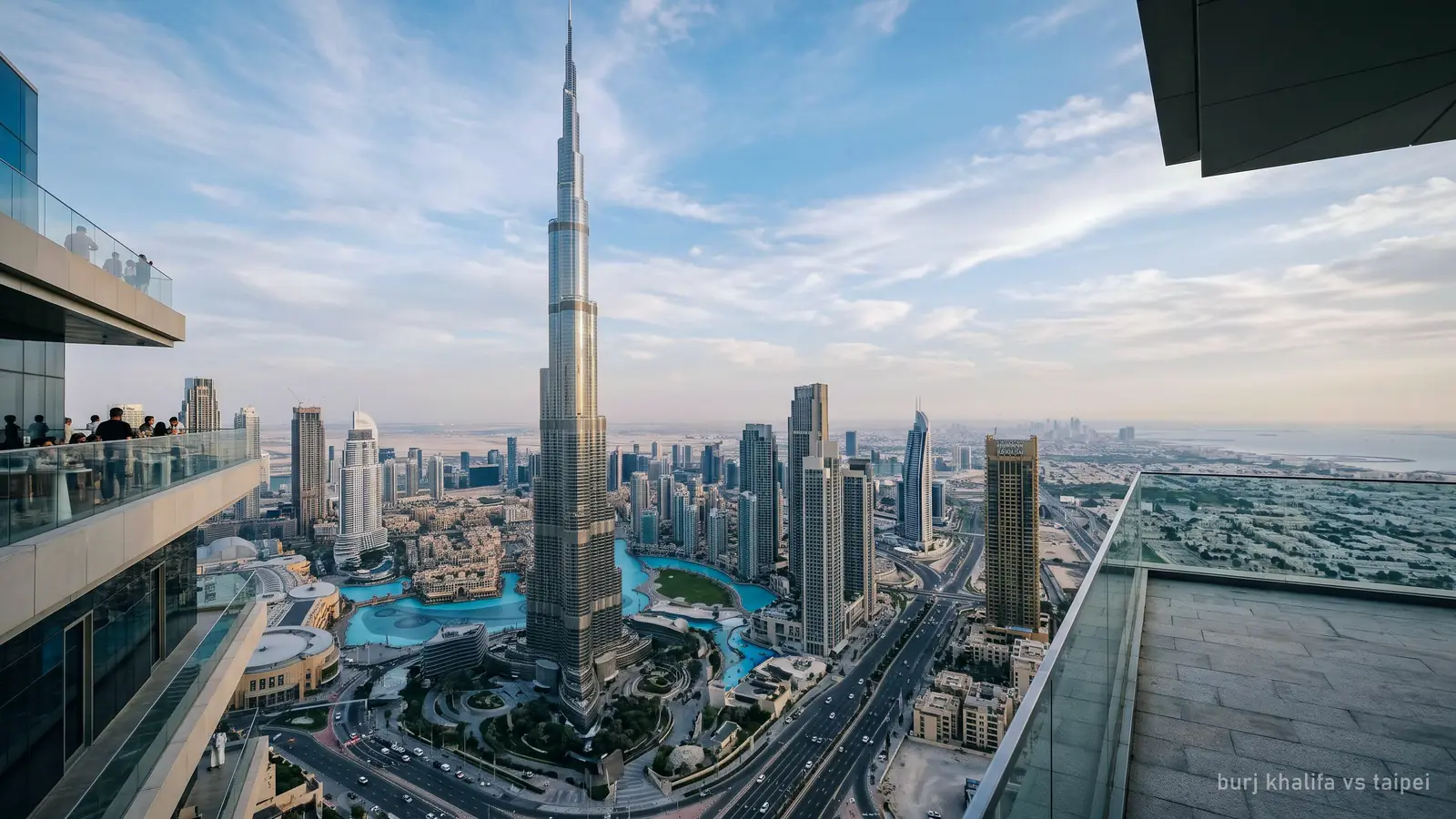 The Burj Khalifa's Y-shaped tower stepping back in spirals, seen from a nearby rooftop (generated illustration)