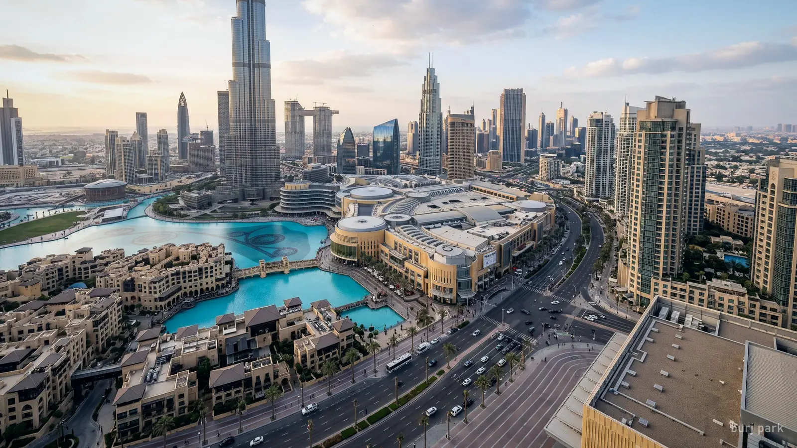 Downtown Dubai seen from above in late afternoon: Burj Lake, The Dubai Mall, Souk Al Bahar and the boulevard (generated illustration)