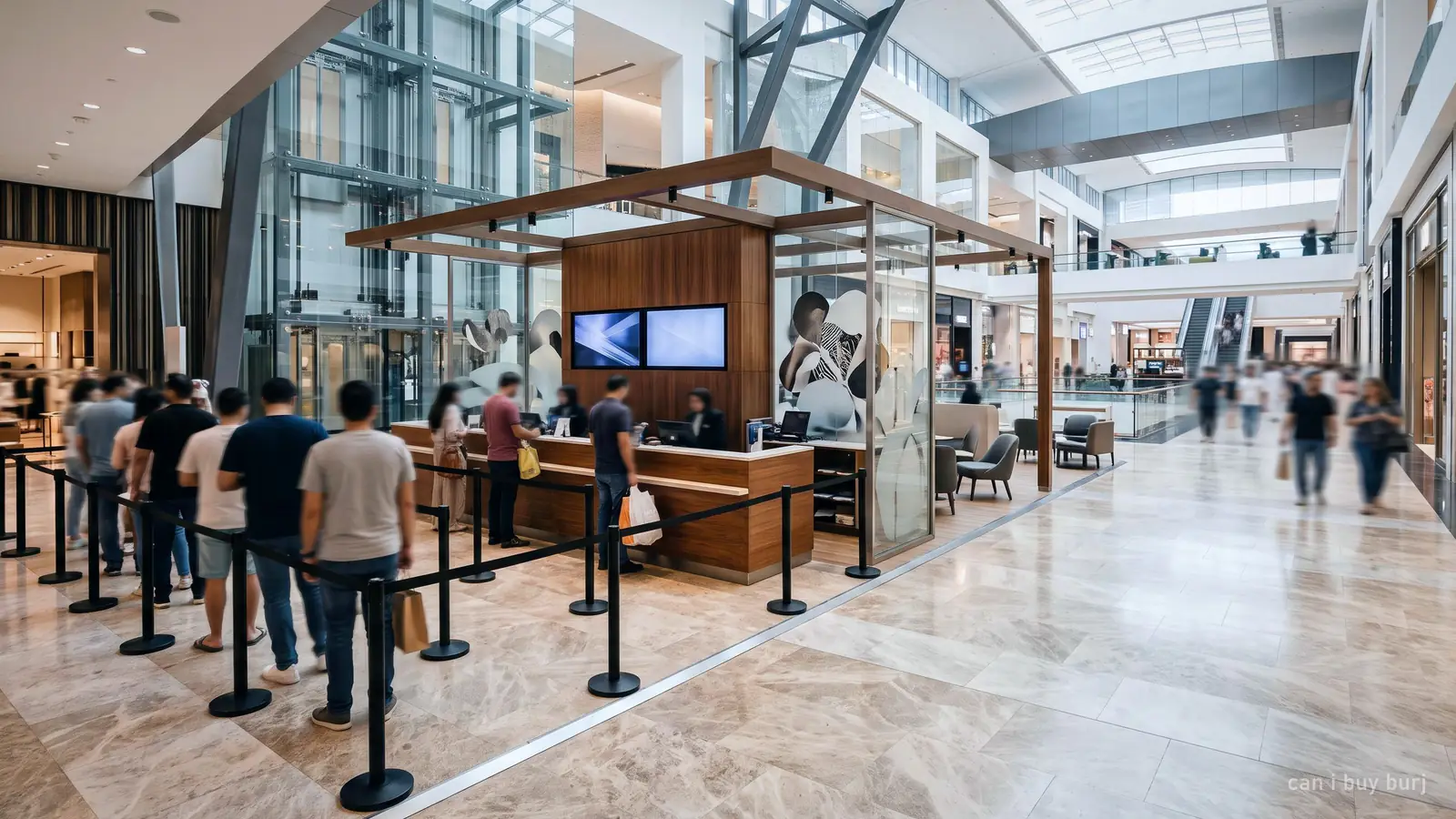 A modern ticket counter area inside a shopping mall with a queue barrier, no readable text (generated illustration)