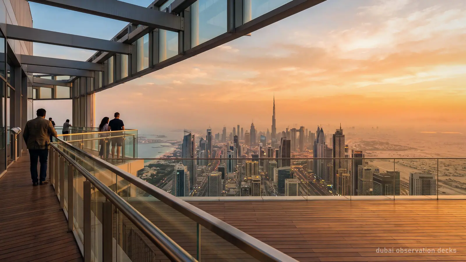 An open-air observation terrace high above Dubai at golden hour, the city grid and desert haze below (generated illustration)
