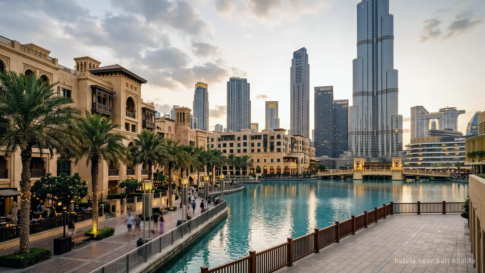 مبانٍ فندقية منخفضة بطراز عربي وأشجار نخيل بجوار بحيرة برج خليفة، وبرج خليفة خلفها (رسم توضيحي مُنشأ)