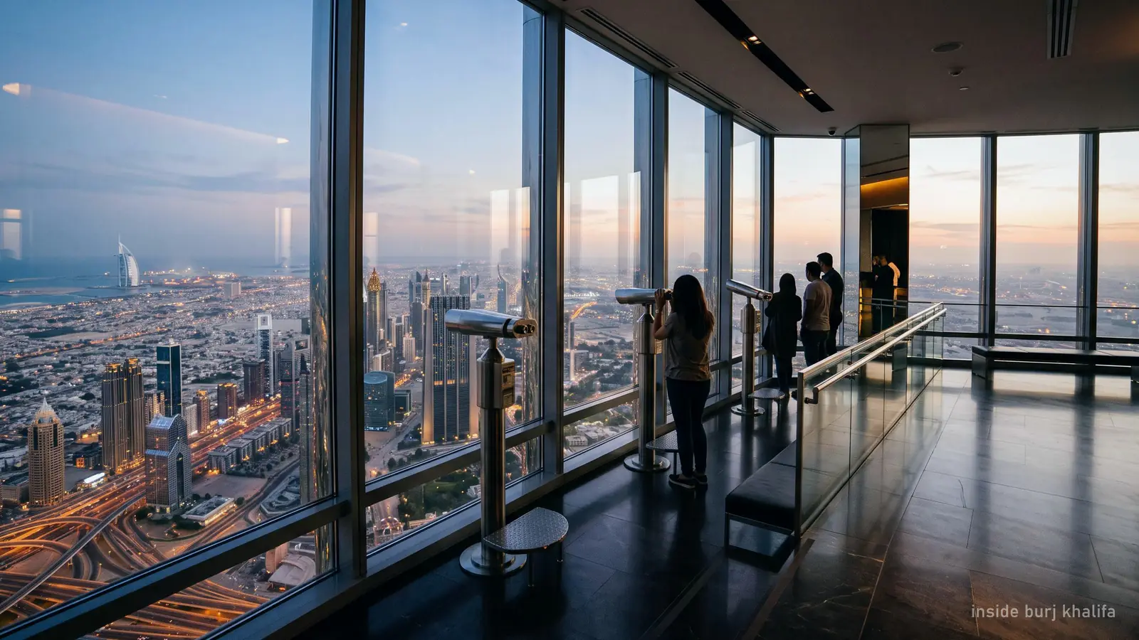 A calm skyscraper observation deck interior with floor-to-ceiling windows and telescopes looking over Dubai (generated illustration)