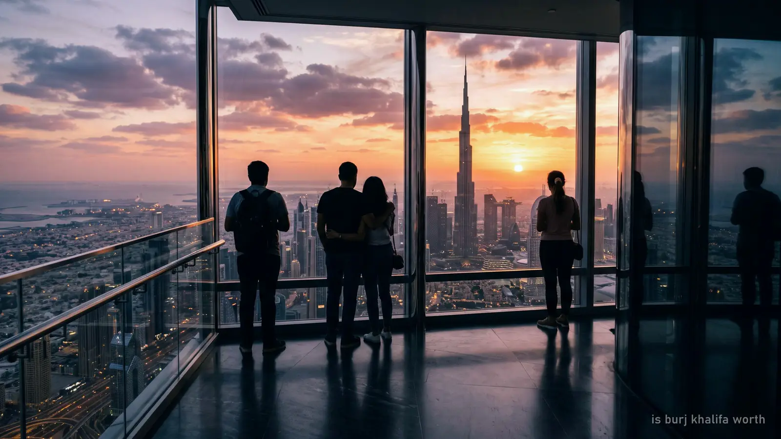 Visitors silhouetted at an observation deck window above Dubai at sunset, seen from behind (generated illustration)