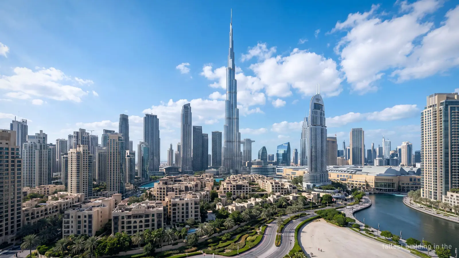 The Burj Khalifa towering over the surrounding Downtown Dubai skyscrapers, seen from a distance in clear daylight (generated illustration)