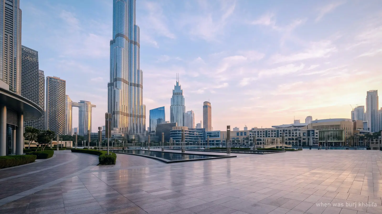 The Burj Khalifa in soft early morning light seen across an empty plaza (generated illustration)