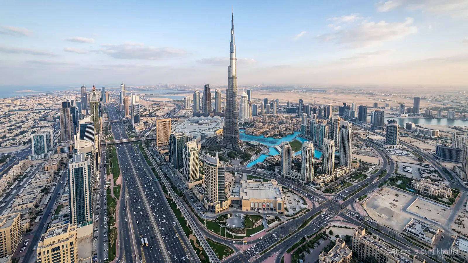 Aerial view of Downtown Dubai with Sheikh Zayed Road and the Burj Khalifa at the centre (generated illustration)